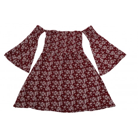 Women's Flare Long Sleeve Floral Off Shoulder Dress Pleated High Waist Swing Midi Dress(S-XXL)