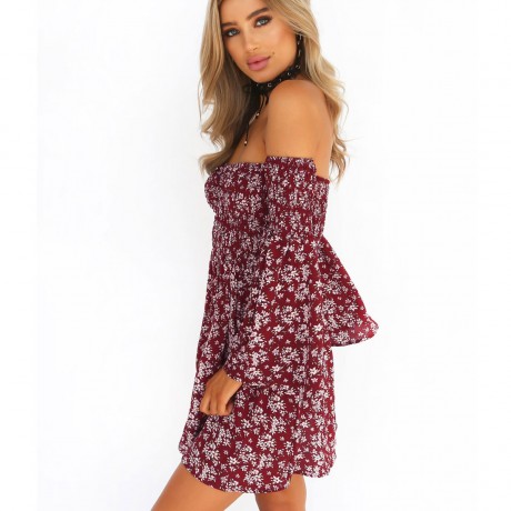 Women's Flare Long Sleeve Floral Off Shoulder Dress Pleated High Waist Swing Midi Dress(S-XXL)