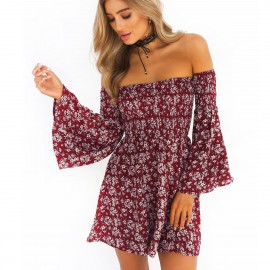 Women's Flare Long Sleeve Floral Off Shoulder Dress Pleated High Waist Swing Midi Dress(S-XXL)