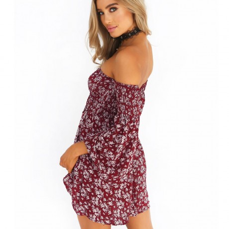 Women's Flare Long Sleeve Floral Off Shoulder Dress Pleated High Waist Swing Midi Dress(S-XXL)