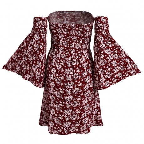 Women's Flare Long Sleeve Floral Off Shoulder Dress Pleated High Waist Swing Midi Dress(S-XXL)