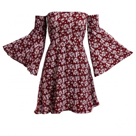 Women's Flare Long Sleeve Floral Off Shoulder Dress Pleated High Waist Swing Midi Dress(S-XXL)