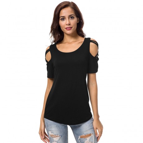 Women's Short Sleeves Slim T-Shirt Scoop Neck Strappy Tops Blouses(S-XXL)