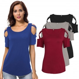 Women's Short Sleeves Slim T-Shirt Scoop Neck Strappy Tops Blouses(S-XXL) 
