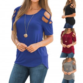 Women's Short Sleeves Slim T-Shirt Scoop Neck Strappy Tops Blouses(S-XXL) 