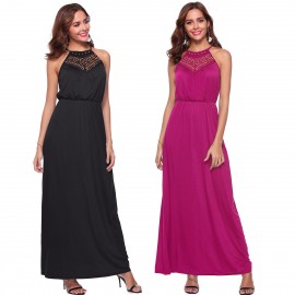 Women's Sleeveless Solid Long A Line Dress Lace Halter Neck Swing Maxi Dress(S-XL) 