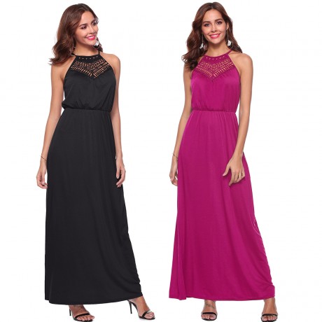 Women's Sleeveless Solid Long A Line Dress Lace Halter Neck Swing Maxi Dress(S-XL)