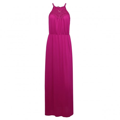 Women's Sleeveless Solid Long A Line Dress Lace Halter Neck Swing Maxi Dress(S-XL)
