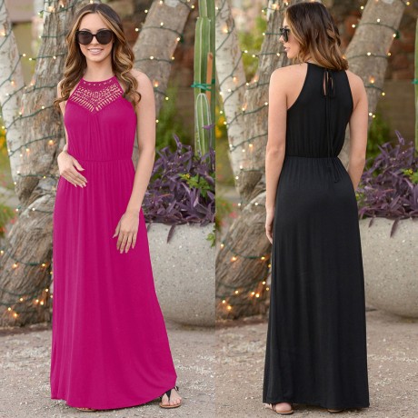 Women's Sleeveless Solid Long A Line Dress Lace Halter Neck Swing Maxi Dress(S-XL)
