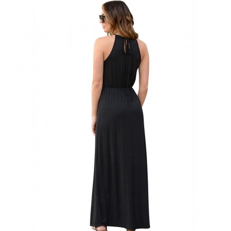 Women's Sleeveless Solid Long A Line Dress Lace Halter Neck Swing Maxi Dress(S-XL)
