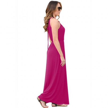 Women's Sleeveless Solid Long A Line Dress Lace Halter Neck Swing Maxi Dress(S-XL)