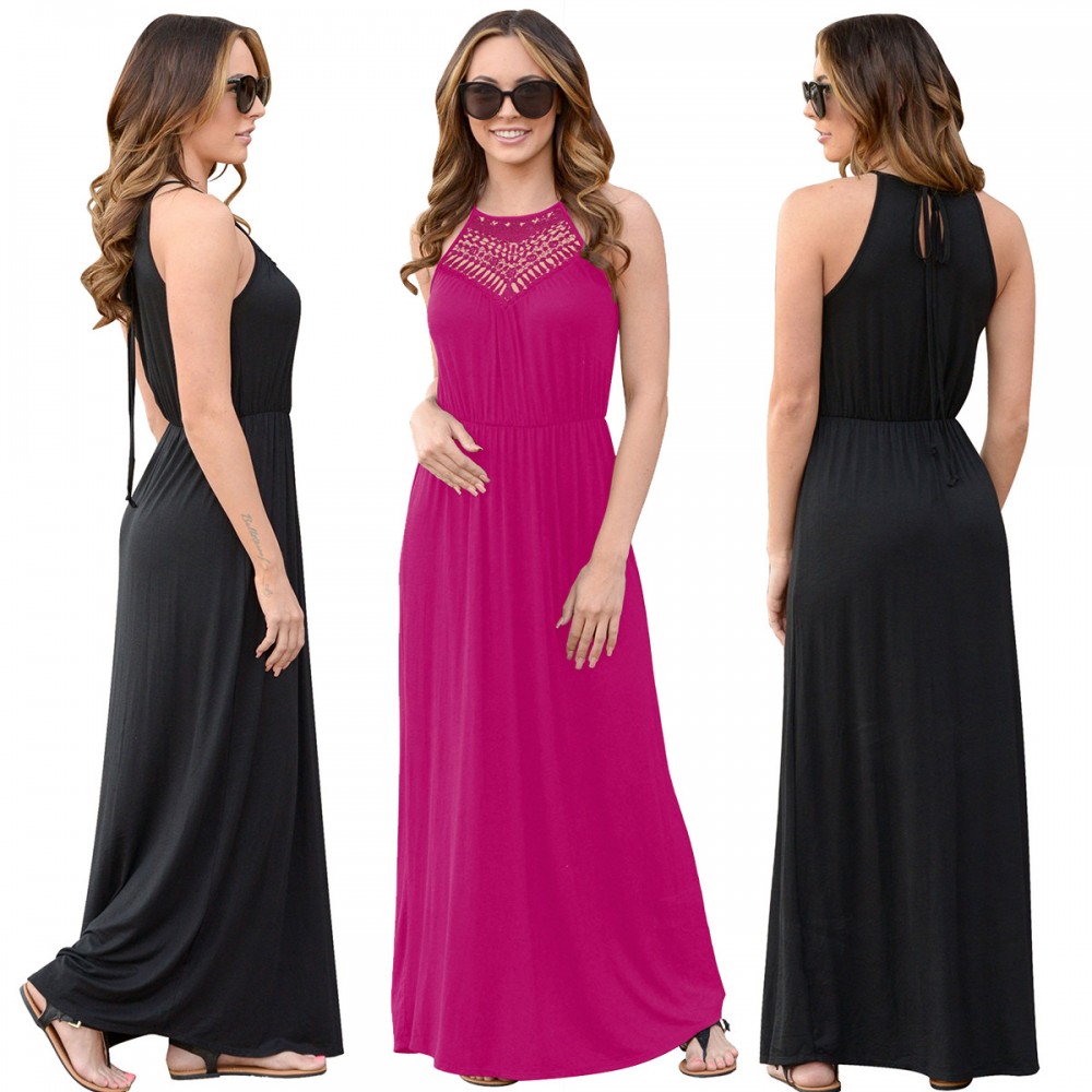 Women's Sleeveless Solid Long A Line Dress Lace Halter Neck Swing Maxi Dress(S-XL)