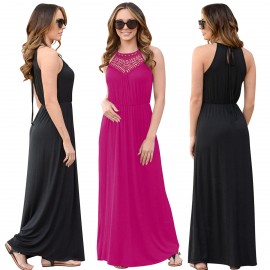 Women's Sleeveless Solid Long A Line Dress Lace Halter Neck Swing Maxi Dress(S-XL) 