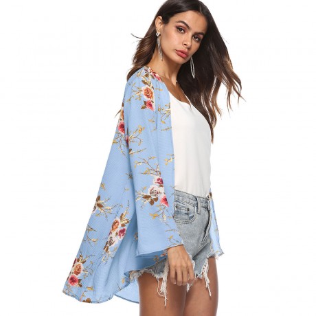 Women's Casual Open Front Cardigan Floral Printed Flare Long Sleeve Cardigan(S-XL)