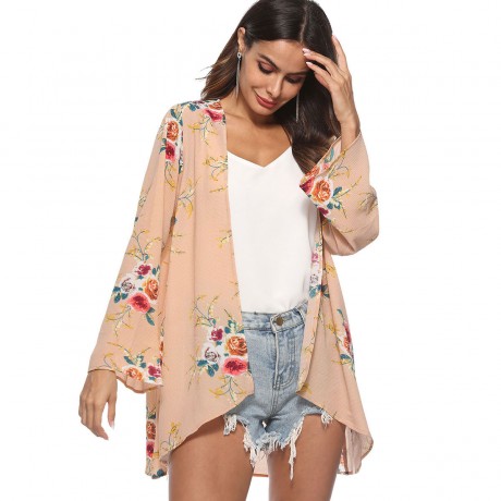 Women's Casual Open Front Cardigan Floral Printed Flare Long Sleeve Cardigan(S-XL)