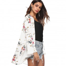 Women's Casual Open Front Cardigan Floral Printed Flare Long Sleeve Cardigan(S-XL) 