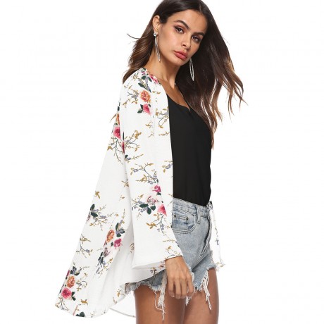 Women's Casual Open Front Cardigan Floral Printed Flare Long Sleeve Cardigan(S-XL)