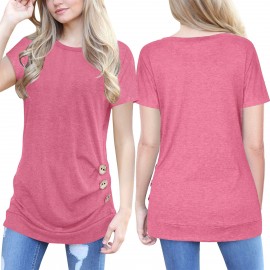 Women's Short Sleeves Slim T-Shirt Scoop Neck Button Solid Tunic Tops(S-XXL) 