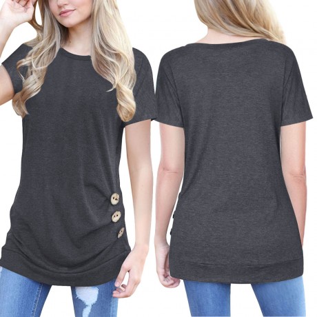 Women's Short Sleeves Slim T-Shirt Scoop Neck Button Solid Tunic Tops(S-XXL)