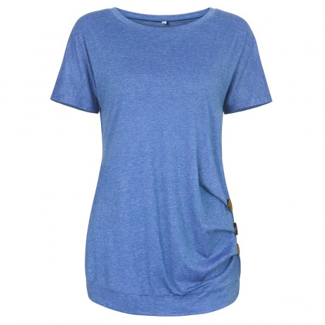 Women's Short Sleeves Slim T-Shirt Scoop Neck Button Solid Tunic Tops(S-XXL)