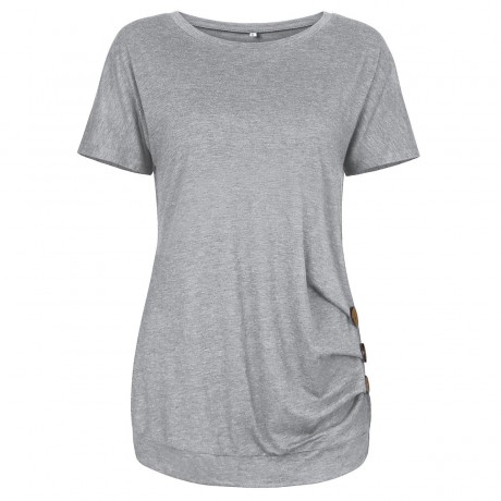 Women's Short Sleeves Slim T-Shirt Scoop Neck Button Solid Tunic Tops(S-XXL)