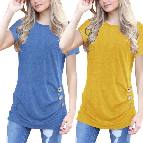 Women's Short Sleeves Slim T-Shirt Scoop Neck Button Solid Tunic Tops(S-XXL)