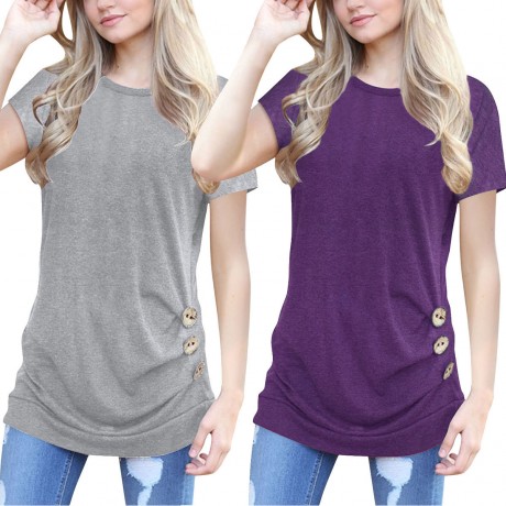 Women's Short Sleeves Slim T-Shirt Scoop Neck Button Solid Tunic Tops(S-XXL)