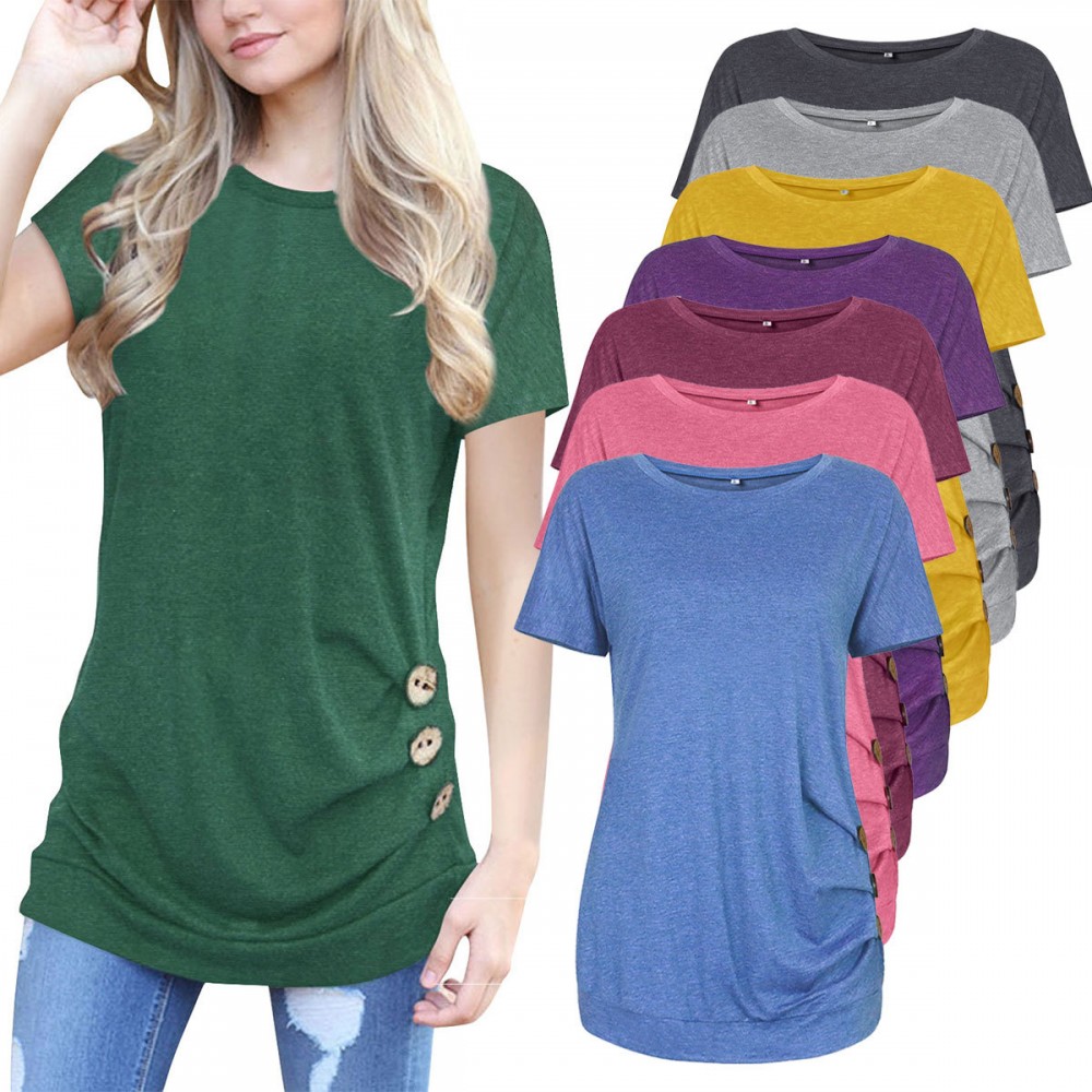 Women's Short Sleeves Slim T-Shirt Scoop Neck Button Solid Tunic Tops(S-XXL)