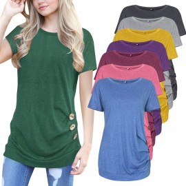 Women's Short Sleeves Slim T-Shirt Scoop Neck Button Solid Tunic Tops(S-XXL)