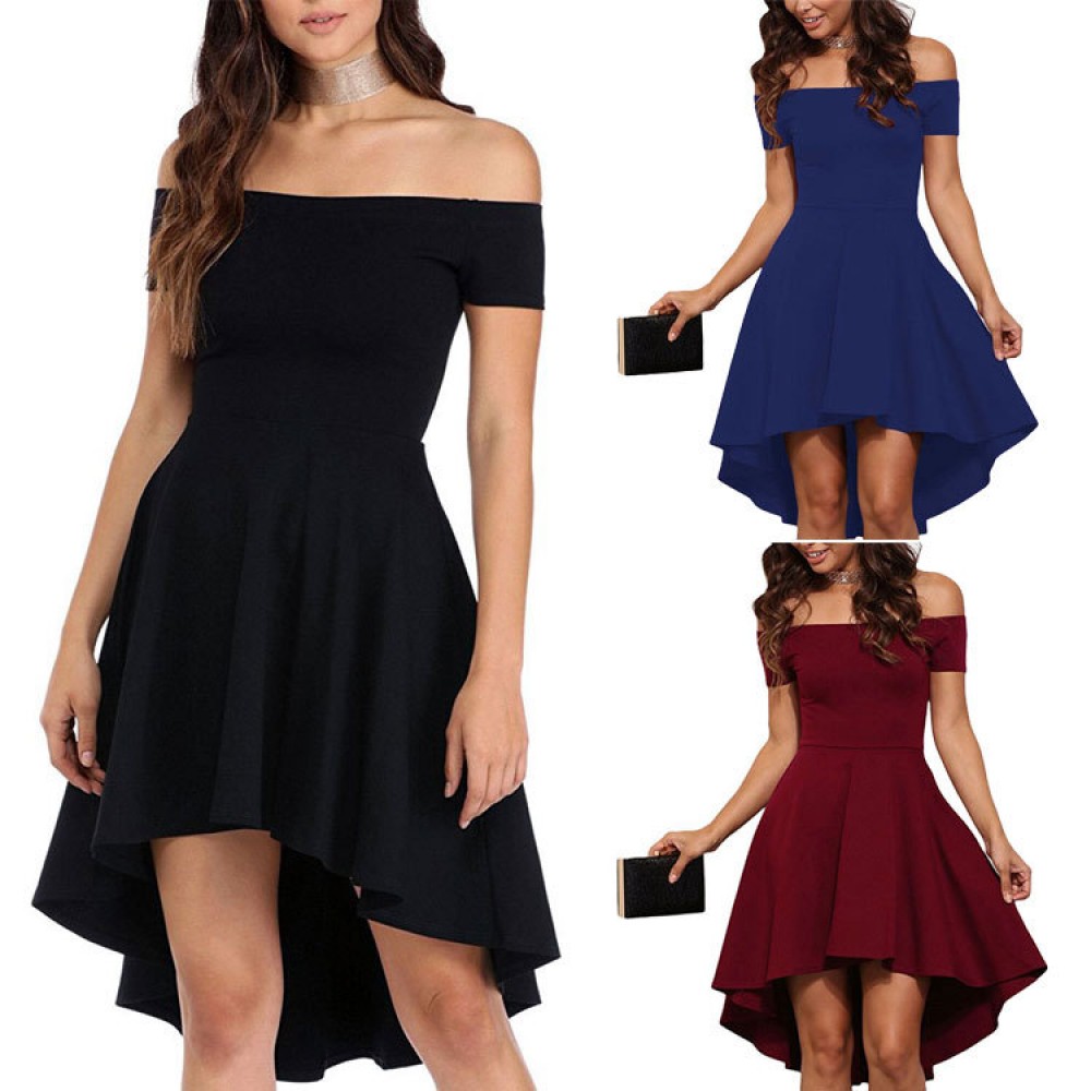 Women's Sexy Off Shoulder Short Sleeve Dress A-Line Solid Dovetail Vestidos Dress(S-XXL)
