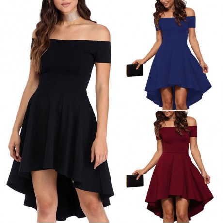 Women's Sexy Off Shoulder Short Sleeve Dress A-Line Solid Dovetail Vestidos Dress(S-XXL)