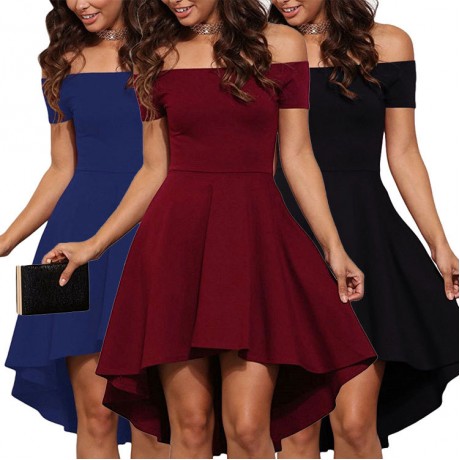 Women's Sexy Off Shoulder Short Sleeve Dress A-Line Solid Dovetail Vestidos Dress(S-XXL)