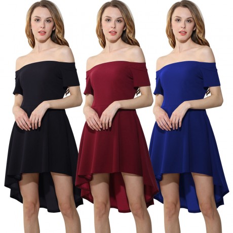 Women's Sexy Off Shoulder Short Sleeve Dress A-Line Solid Dovetail Vestidos Dress(S-XXL)