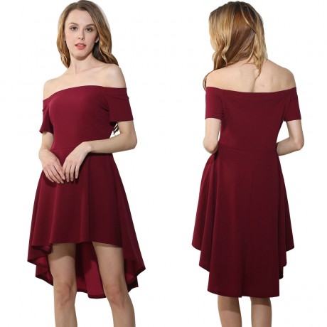 Women's Sexy Off Shoulder Short Sleeve Dress A-Line Solid Dovetail Vestidos Dress(S-XXL)