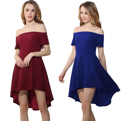 Women's Sexy Off Shoulder Short Sleeve Dress A-Line Solid Dovetail Vestidos Dress(S-XXL)