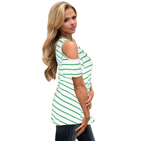Women's Scoop Neck Short Sleeve T Shirt Striped Print Cold Shoulder Tops Blouses(S-XL)