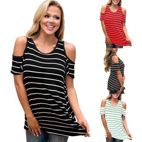 Women's Scoop Neck Short Sleeve T Shirt Striped Print Cold Shoulder Tops Blouses(S-XL)