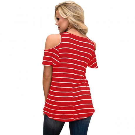 Women's Scoop Neck Short Sleeve T Shirt Striped Print Cold Shoulder Tops Blouses(S-XL)