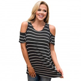 Women's Scoop Neck Short Sleeve T Shirt Striped Print Cold Shoulder Tops Blouses(S-XL) 