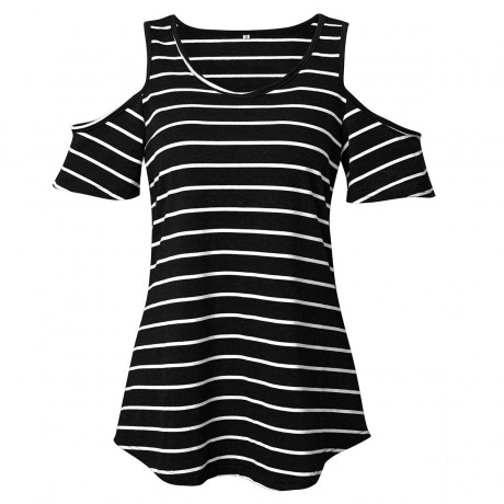 Women's Scoop Neck Short Sleeve T Shirt Striped Print Cold Shoulder Tops Blouses(S-XL)