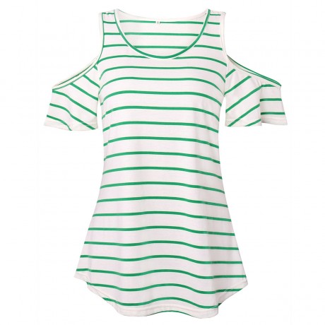 Women's Scoop Neck Short Sleeve T Shirt Striped Print Cold Shoulder Tops Blouses(S-XL)