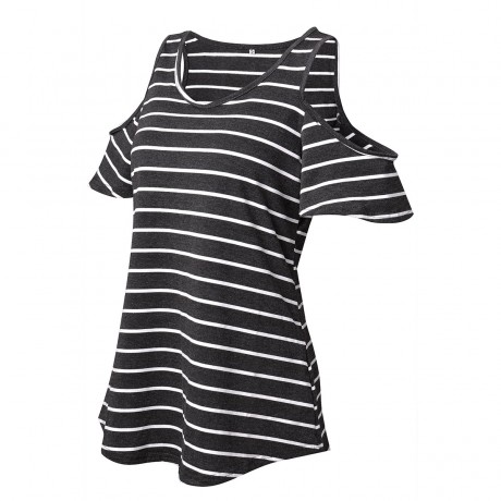 Women's Scoop Neck Short Sleeve T Shirt Striped Print Cold Shoulder Tops Blouses(S-XL)