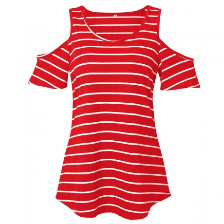 Women's Scoop Neck Short Sleeve T Shirt Striped Print Cold Shoulder Tops Blouses(S-XL)