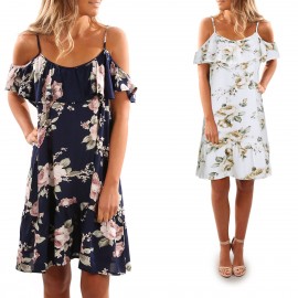 Women's Strappy Short Sleeve Floral Printed Dress Ruffles Off Shoulder Mini Dresses(S-XL) 