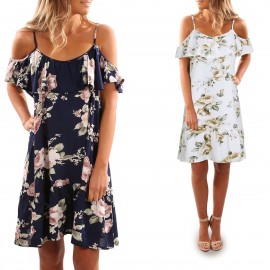 Women's Strappy Short Sleeve Floral Printed Dress Ruffles Off Shoulder Mini Dresses(S-XL)