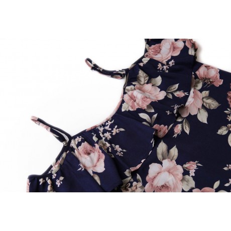 Women's Strappy Short Sleeve Floral Printed Dress Ruffles Off Shoulder Mini Dresses(S-XL)