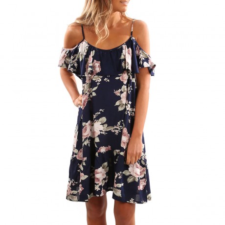 Women's Strappy Short Sleeve Floral Printed Dress Ruffles Off Shoulder Mini Dresses(S-XL)