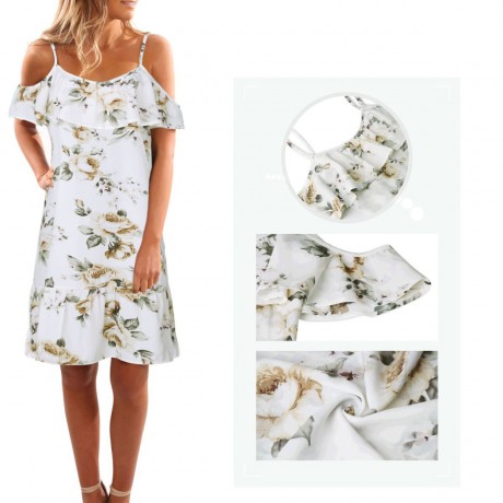 Women's Strappy Short Sleeve Floral Printed Dress Ruffles Off Shoulder Mini Dresses(S-XL)