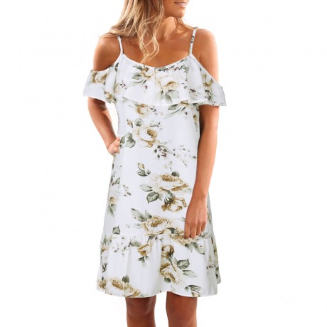 Women's Strappy Short Sleeve Floral Printed Dress Ruffles Off Shoulder Mini Dresses(S-XL)