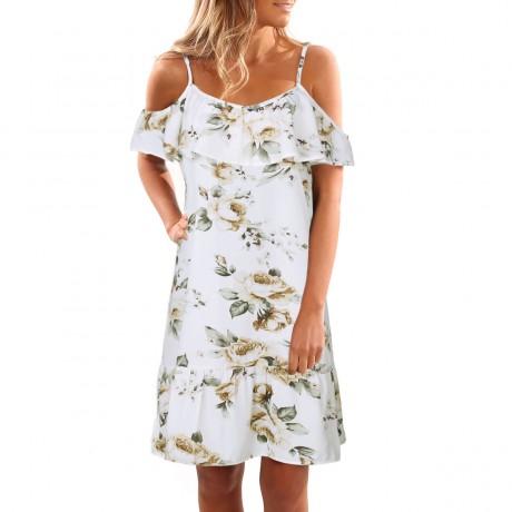 Women's Strappy Short Sleeve Floral Printed Dress Ruffles Off Shoulder Mini Dresses(S-XL)